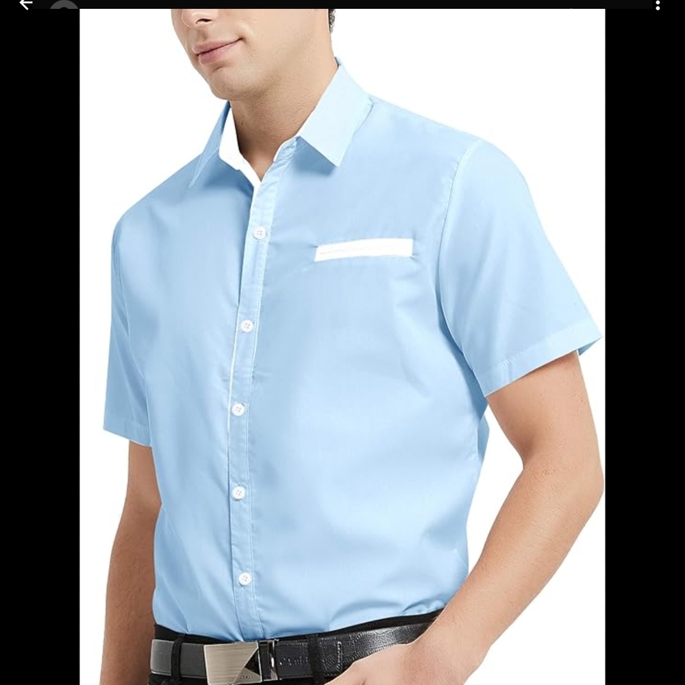 Murano Blue Casual Button Down Shirt Classic Collar‎ Short Sleeves